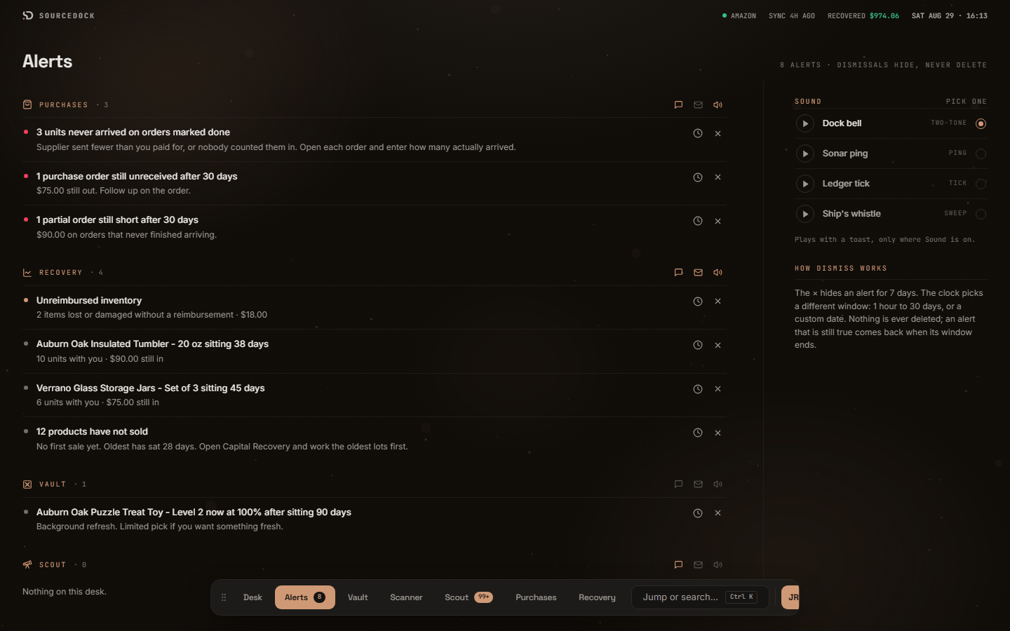 SourceDock Alerts: queue across Purchases and Vault, Recovery triage on Flagship