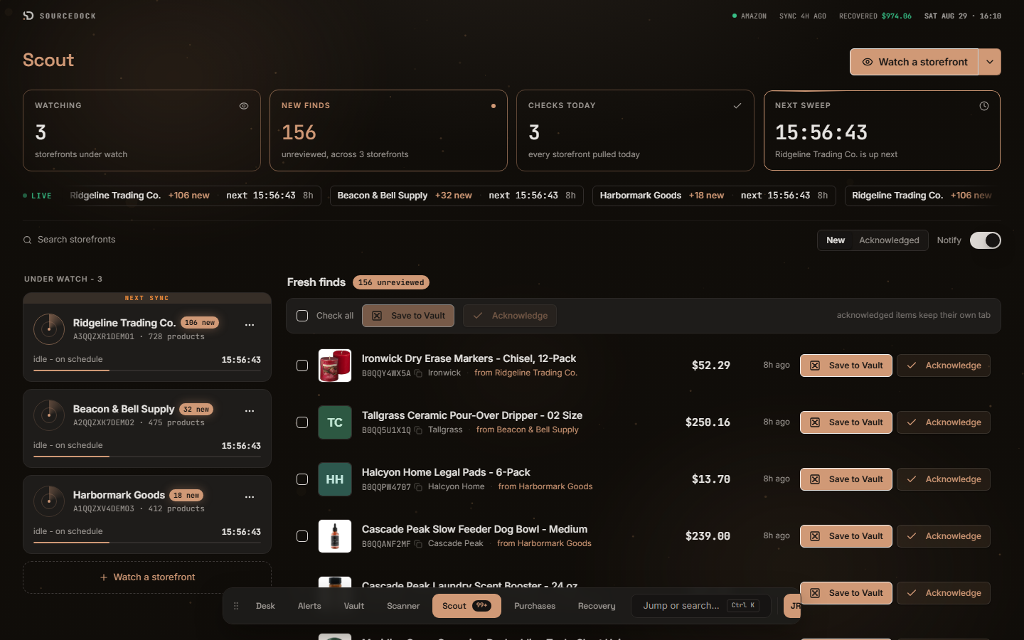 Product research and scouting in SourceDock: Scout watching public Amazon storefronts and listing new ASINs